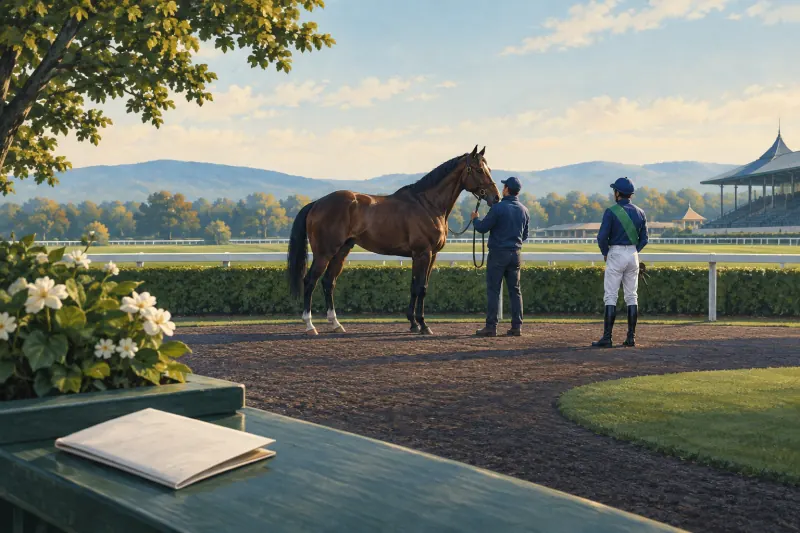 Un cheval et son jockey observés dans un paddock avant une course hippique