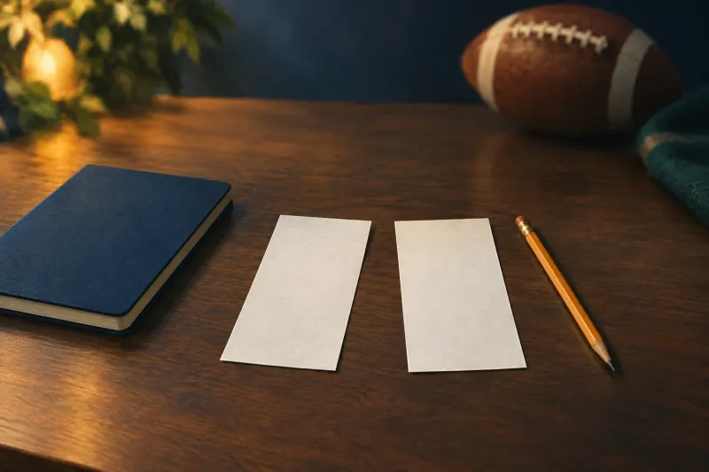 Carnet et deux tickets neutres illustrant la comparaison méthodique de cotes sportives.