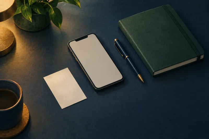 Téléphone à écran neutre posé près d’un carnet et d’un ticket retourné