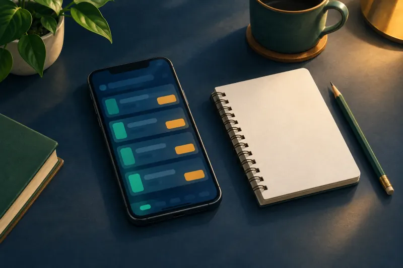 Téléphone avec des panneaux abstraits à côté d’un carnet et d’un crayon