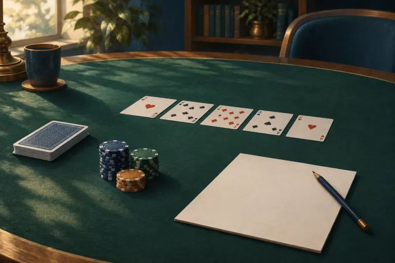 Cartes communes et jetons disposés sur une table pour illustrer un calcul de probabilités au poker.