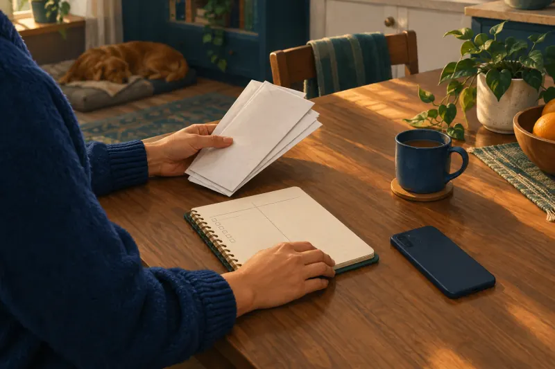 Une personne examine des factures vierges et un carnet de budget à une table.