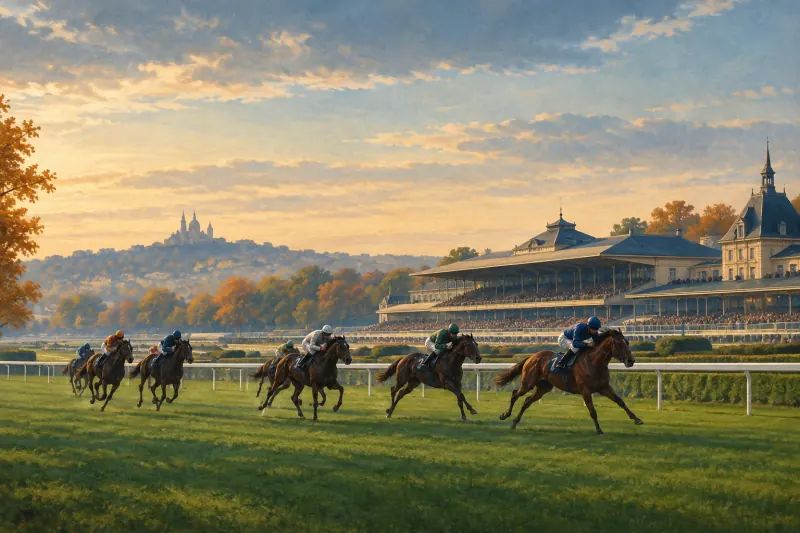 Chevaux de course au galop sur une piste en herbe devant des tribunes.