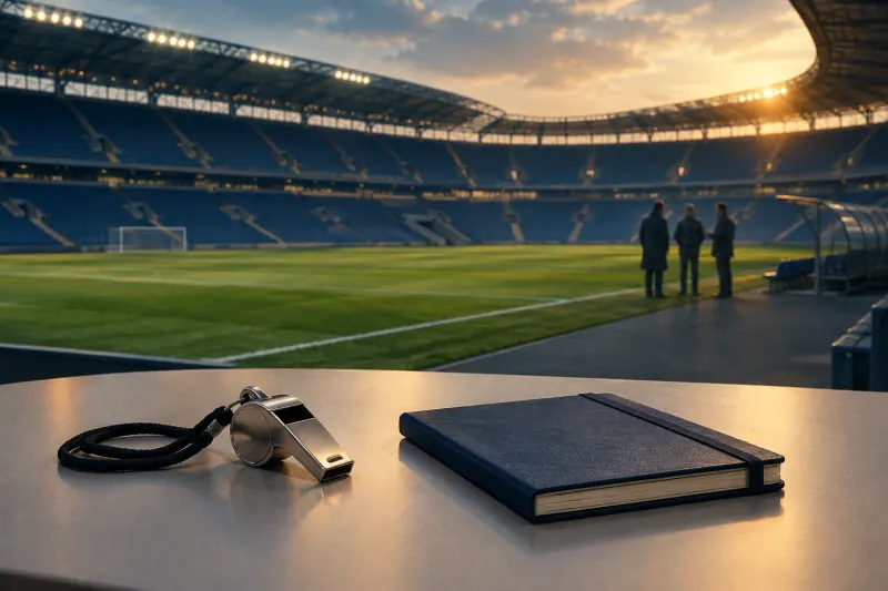 Stade vide avec un sifflet et un carnet évoquant la surveillance de l’intégrité sportive.
