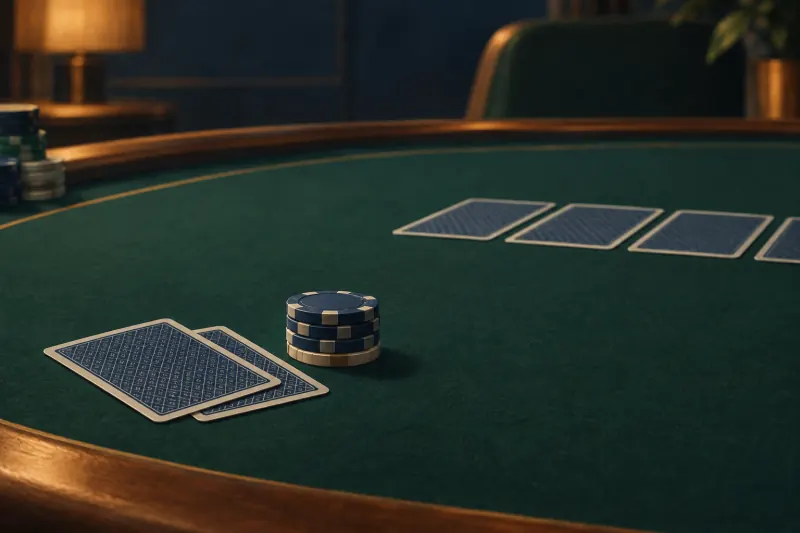 Cartes face cachée et jetons sur une table de poker, sans joueur identifiable.