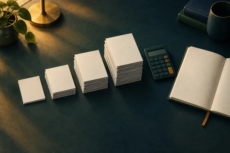 Feuillets de pari vierges alignés en piles croissantes près d’une calculatrice sur un bureau.