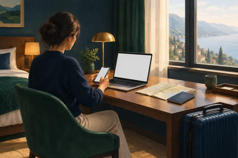 Voyageur consultant un ordinateur et un téléphone à un bureau d’hôtel avant de se connecter