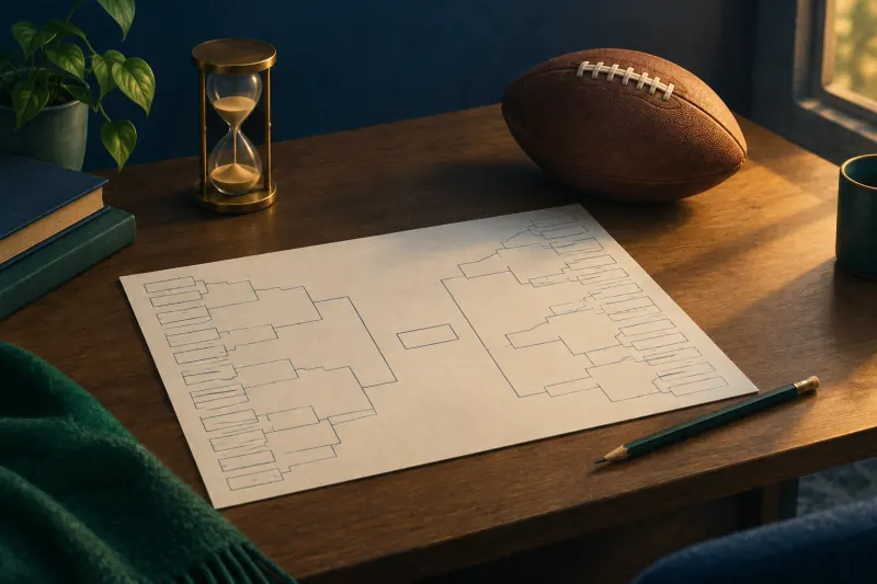 Calendrier sportif vierge et ballon posés sur un bureau, évoquant un pari sur une saison.