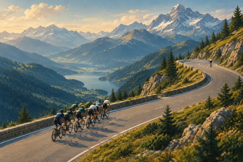 Peloton de cyclistes dans un col de montagne, avec un coureur détaché devant le groupe.