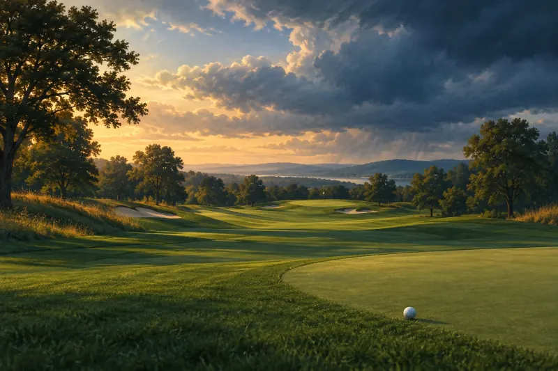 Parcours de golf vallonné sous un ciel changeant, avec une balle près du green.
