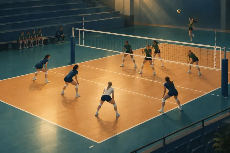 Échange de volley en salle avec un ballon au-dessus du filet et des joueurs en position de réception.