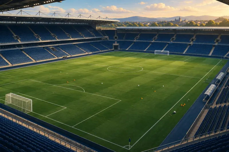 Terrain de football vu en hauteur avec quelques cônes d’entraînement et un ballon