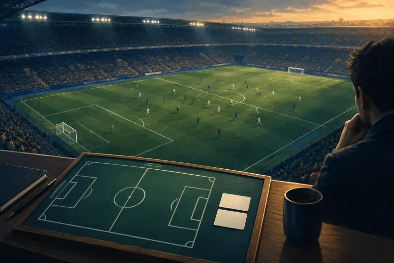 Terrain de football vu des tribunes avec un tableau tactique sans chiffres