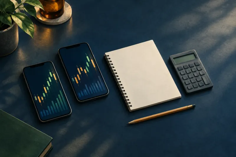 Bureau avec deux écrans anonymes présentant des cotes abstraites et un carnet de calcul vierge.