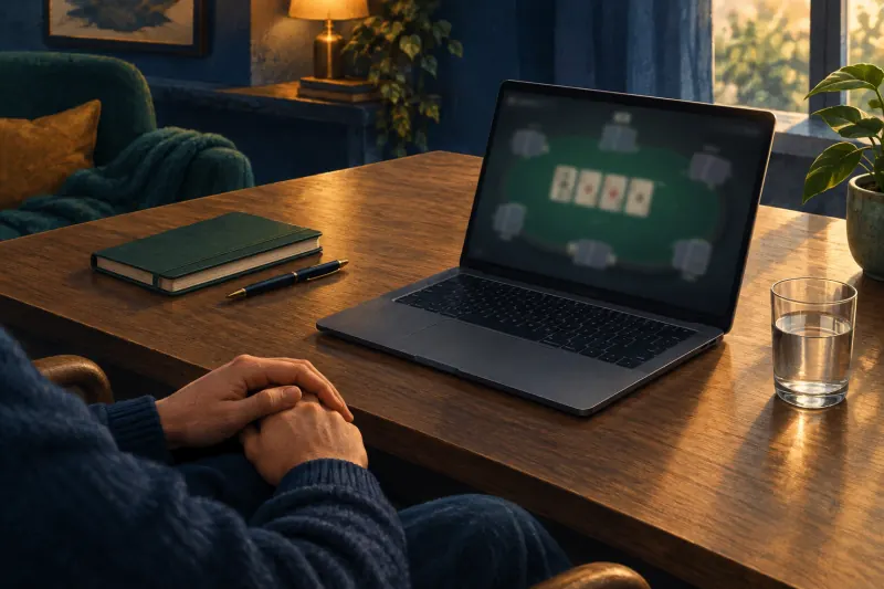 Une personne fait une pause devant un ordinateur et un carnet fermé après une session de poker.