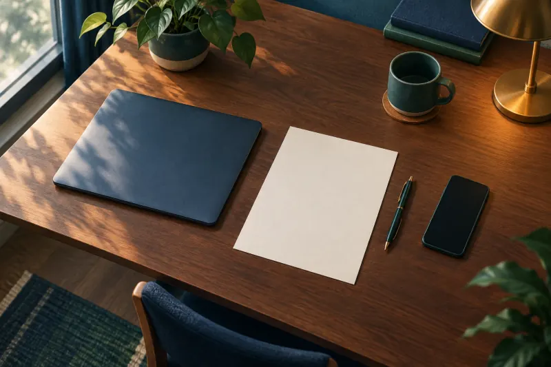 Ordinateur fermé, feuille vierge et téléphone posés sur un bureau calme