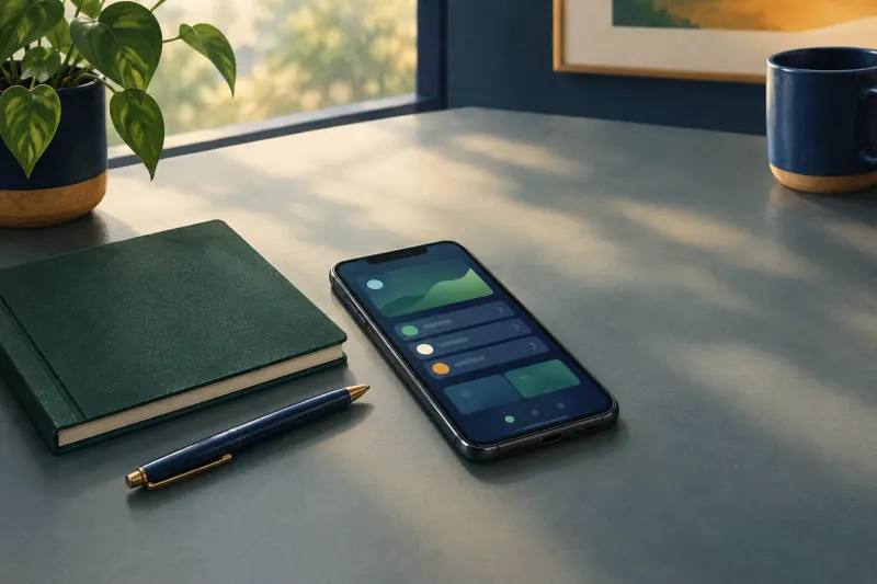 Téléphone affichant une interface abstraite près d’un carnet fermé sur un bureau