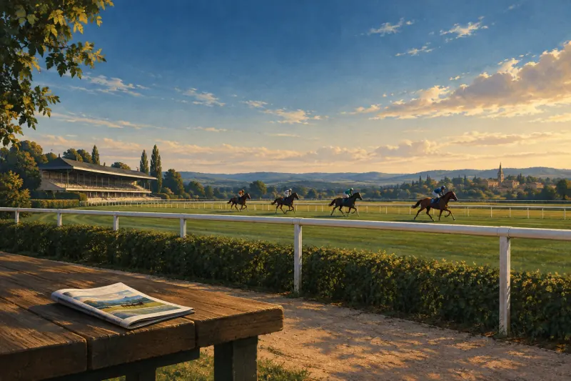 Des chevaux en course sur un hippodrome, avec un programme posé sur un banc au premier plan.