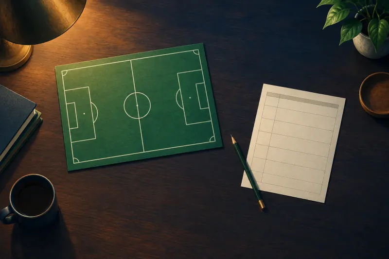 Schéma vierge de terrain de football posé sur un bureau avec un crayon et une feuille de match