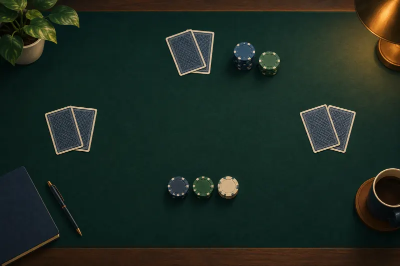 Cartes face cachée et jetons neutres disposés sur une table pour une partie de poker.