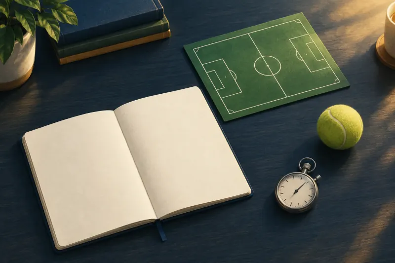 Carnet ouvert, schéma de terrain, balle de tennis et chronomètre évoquant l’analyse sportive.